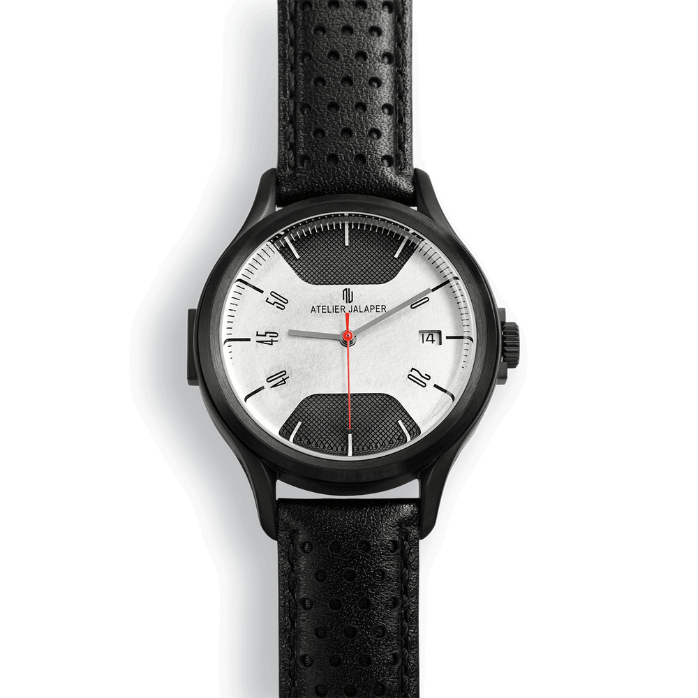 Front view of the AJ001-B watch and its calf leather strap