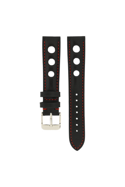Watch strap - Genuine Black Leather with Red colour Stitchings and three perforations on each side