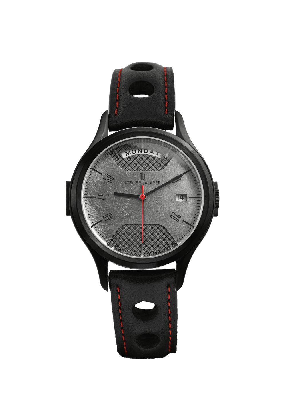 Bracelet de montre porté sur un AJ002-B - Cuir noir véritable avec surpiqûres de couleur rouge et trois perforations de chaque côté