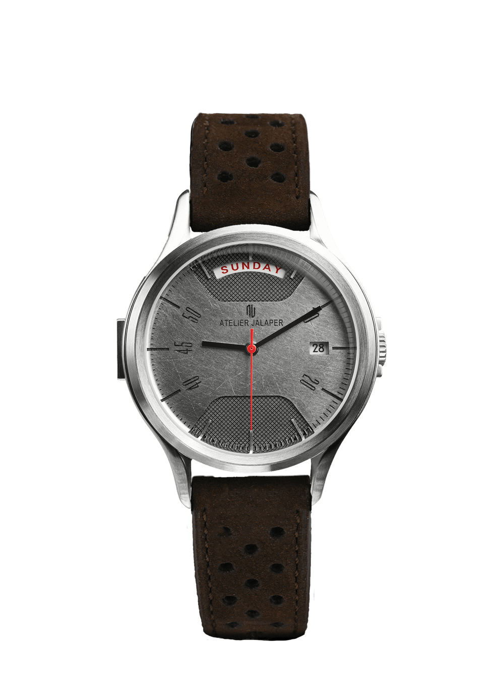 Bracelet de montre en cuir marron véritable avec perforations multiples porté sur une montre AJ002-S